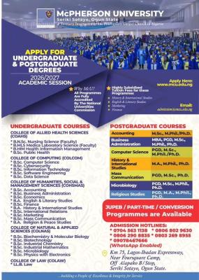 McPherson University Postgraduate Admission form, 2026/2027
