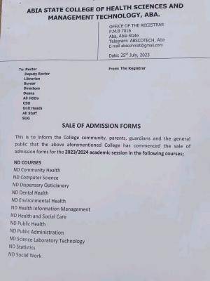 Abia State College of Health Science & Management Tech admission form,2023/2024