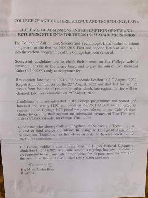College of Agriculture, Lafia notice on admission lists and resumption for 2021/2022 session