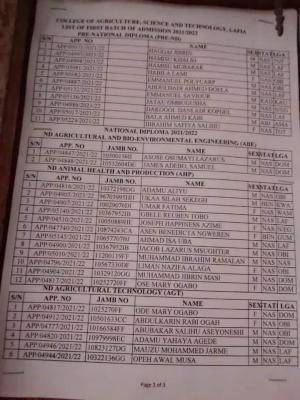 College of Agriculture, Science and Technology, Lafia Pre-ND & ND 1st Batch admission lists, 2021/2022