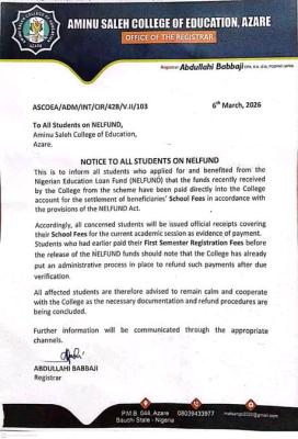 Aminu Saleh College of Education Issues notice to students on NELFUND