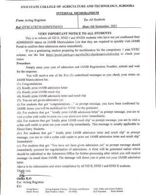 OYSCATECH notice to ND I, HND I and HND II Students