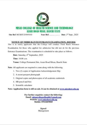 Misau College of Health Sciences & Tech. Azare third batch entrance exam date, 2025/2026