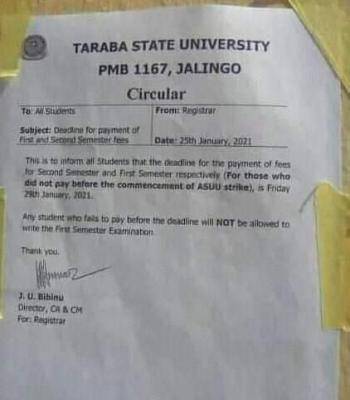 TASU notice to students on payment deadline for 2019/2020 session