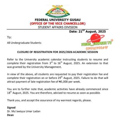 FUGUS notice on closure of registration