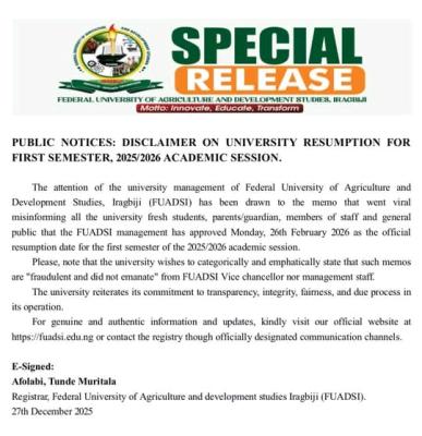 FUADSI disclaimer notice on resumption for 1st semester, 2025/2026