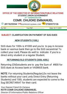 MOUAU SUG notice to students on payment of SUG dues