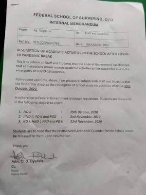 Federal school of surveying Oyo resumption date