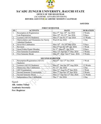 SAZU adjusted academic calendar, 2025/2026