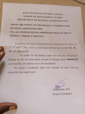Kogi Poly notice to BAM students on project defense