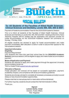 BUK notice  to students in Faculties of Allied Health Sciences, Clinical Sciences and Dentistry