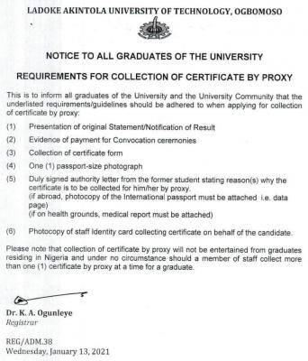 LAUTECH notice on requirements for collection of certificate by proxy