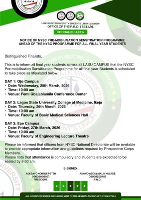 LASU SUG notice to Final Year students on NYSC Pre-mobilization Briefing Exercise