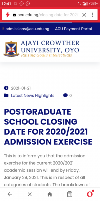 Ajayi Crowther University timeline for postgraduate admission exercise, 2020/2021