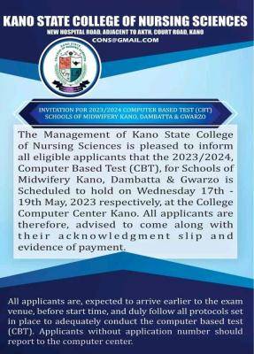 Kano State College of Nursing Science CBT entrance exam for School of Midwifery, 2023/2024