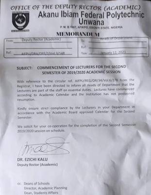 Akanu Poly Uwana notice on commencement of 2nd semester lectures, 2019/2020