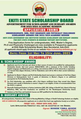 Ekiti State Scholarship Board announces scholarship & Bursary awards, 2023/2024