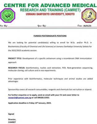 UDUSOK Centre for Advanced Medical Research application for funded postgraduate positions