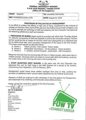FUWUKARI notice to staff and students on provision of palliatives
