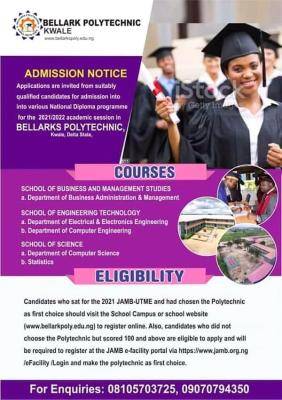 Bellarks Polytechnic, Kwale Post-UTME 2021: cut-off mark, eligibility and registration details