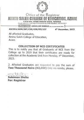 Aminu Saleh COE notice on collection of NCE certificate