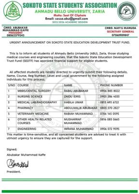 ABU SOSSA notice on financial support for Medical and Engineering students