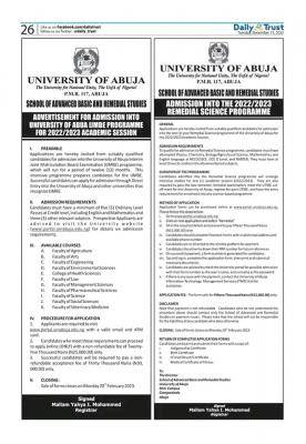 UNIABUJA Releases 2022/2023 Remedial Admission Form