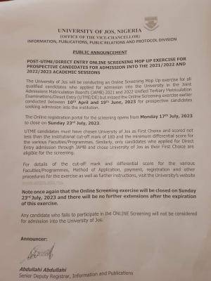 UNIJOS Mop-up Screening Exercise for 2022/2023 Post-UTME Registration