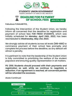 FUNAAB SUG notice on deadline for payment of school fees