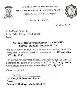 Aminu Saleh COE notice on commencement of 2nd semester, 2021/2022 session
