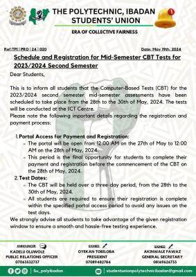 Poly Ibadan SUG notice on Mid-Semester CBT Tests for 2nd Semester, 2023/2024