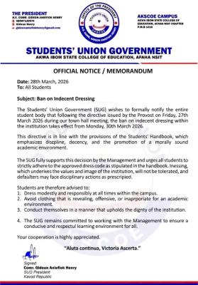 AKSCOE SUG notice bans Indecent dressing on Campus
