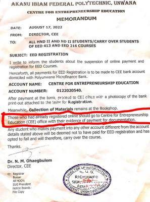 Akanu Ibiam Polytechnic Notice on EED Registration payment