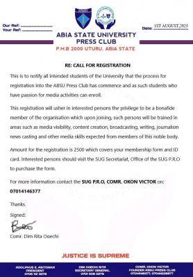 ABSU SUG calls for registration into Press Club