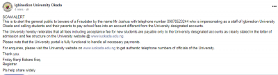 Igbinedion University scam alert notice