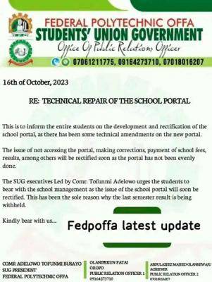 Federal Polytechnic Offa SUG important notice to all students