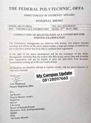 Fed Poly, Offa notice to students on condition for writing examination