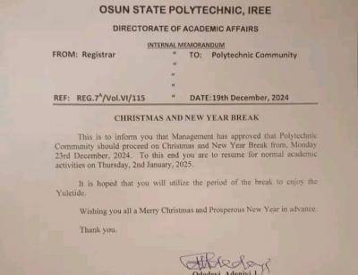 Osun State Polytechnic notice of Christmas and New Year break