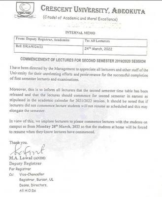 Crescent University notice on Commencement of second semester Lectures