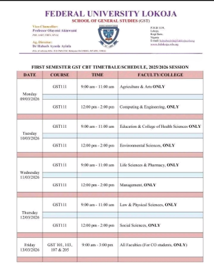 FULOKOJA releases 1st semester GST CBT timetable for 2025/2026 session