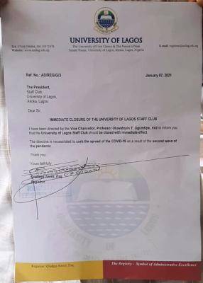 UNILAG notice on closure of staff club