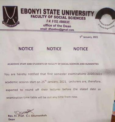 EBSU faculty of social sciences and humanities notice to staff and students
