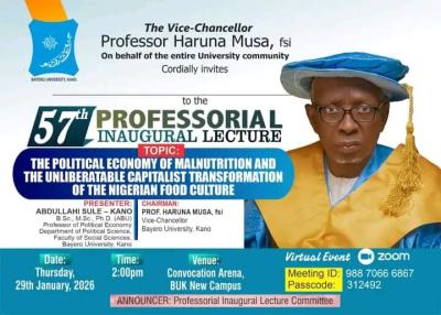Bayero University, Kano, announces 57th Professorial Inaugural Lecture