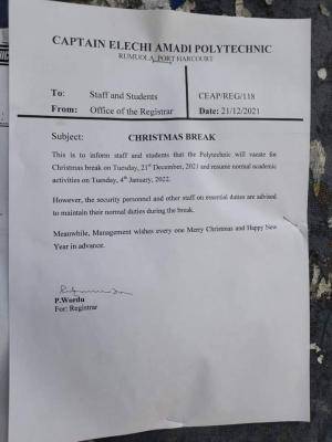 Elechi Amadi Polytechnic announces Christmas Break