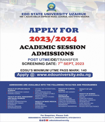 Edo State University announces Post-UTME/DE screening date, 2023/2024