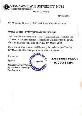 ADSU notice on 19th Matriculation Ceremony