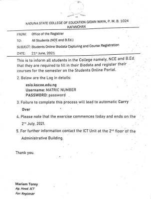 Kaduna COE notice on course registration
