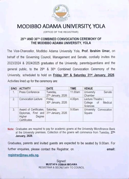 MAUTECH announces 29th and 30th combined convocation ceremony