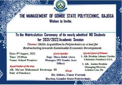 Gombe State Polytechnic Matriculation Ceremony, 2021/2022