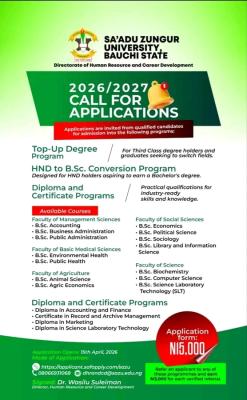 SA'ZU announces Top-up Degree admission form, 2026/27